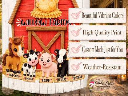 Custom homestead garden flag with rustic red barn and farm animals