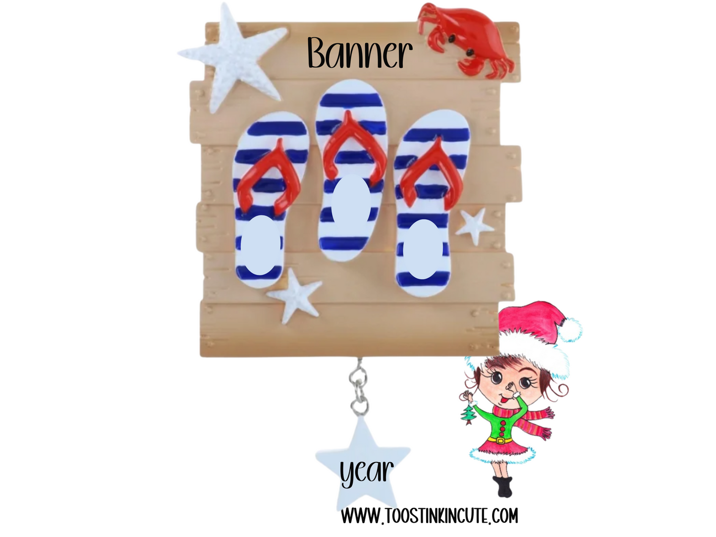Personalized Flip Flop Family of 3 Christmas Ornament