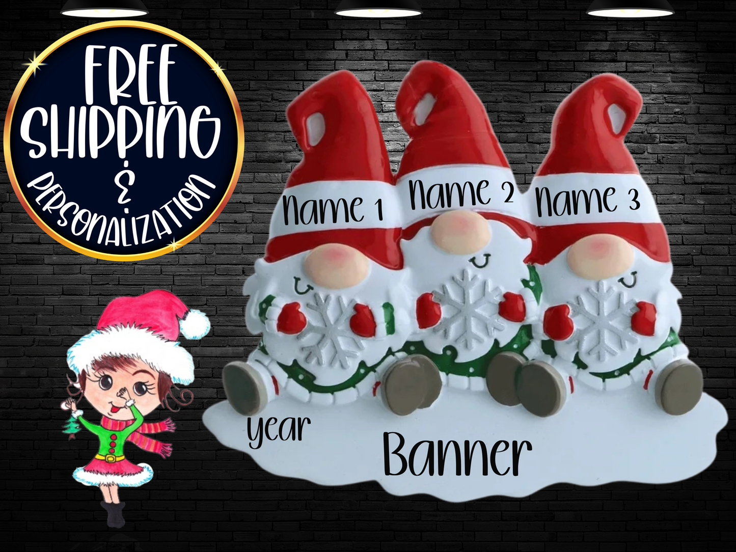Gnome Family of 3 Personalized Christmas Ornament