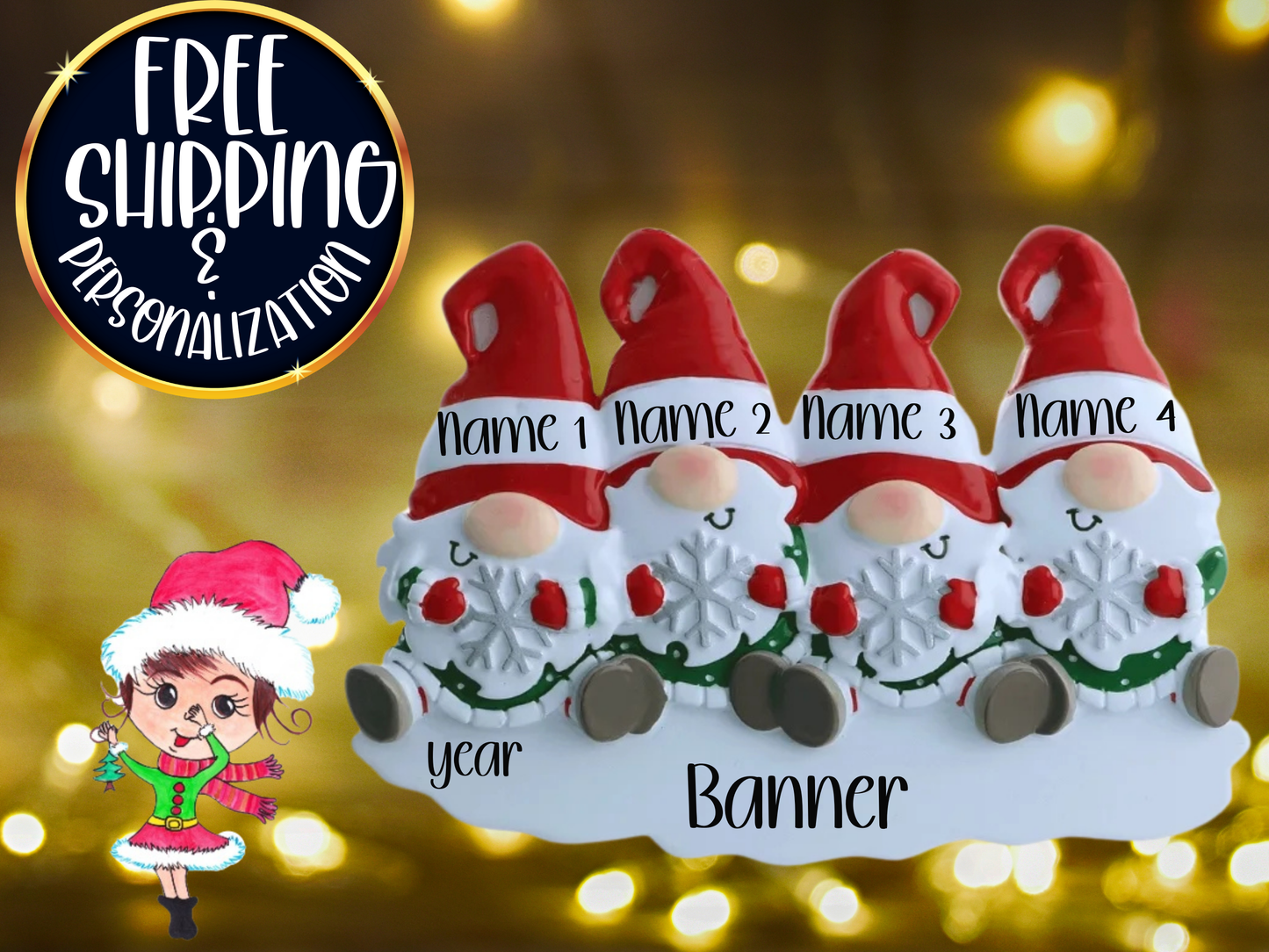 Gnome Family of 4 Personalized Christmas Ornament