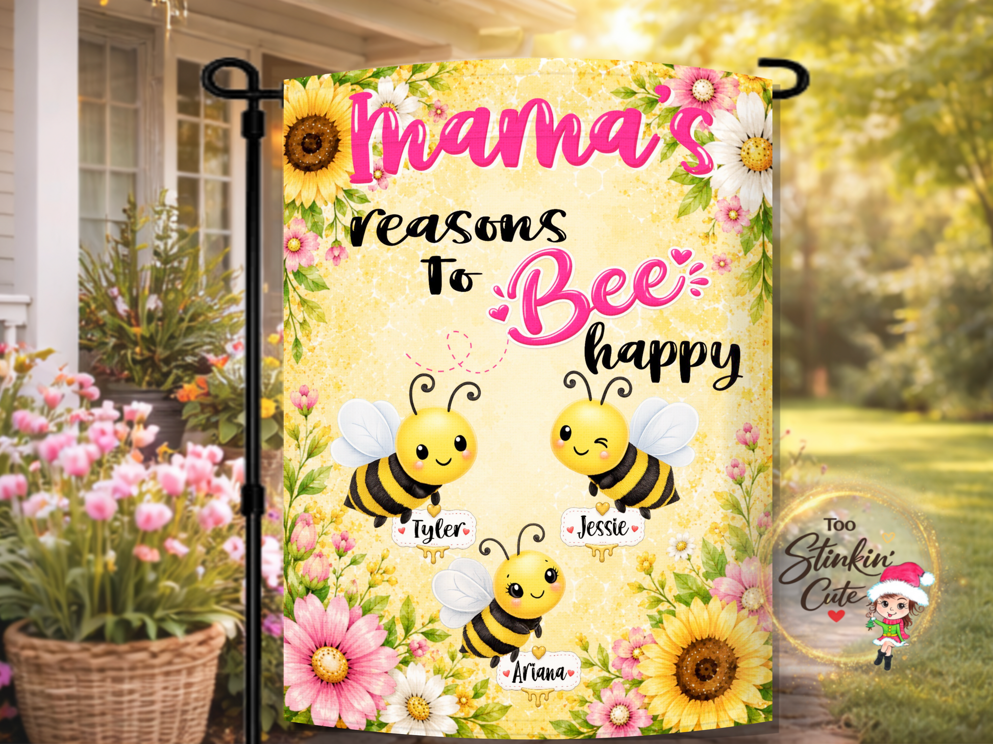 Personalized Grandma bee garden flag with grandchildren names and sunflower design