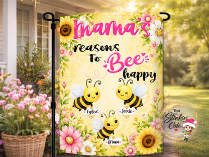 Personalized Grandma bee garden flag with grandchildren names and sunflower design