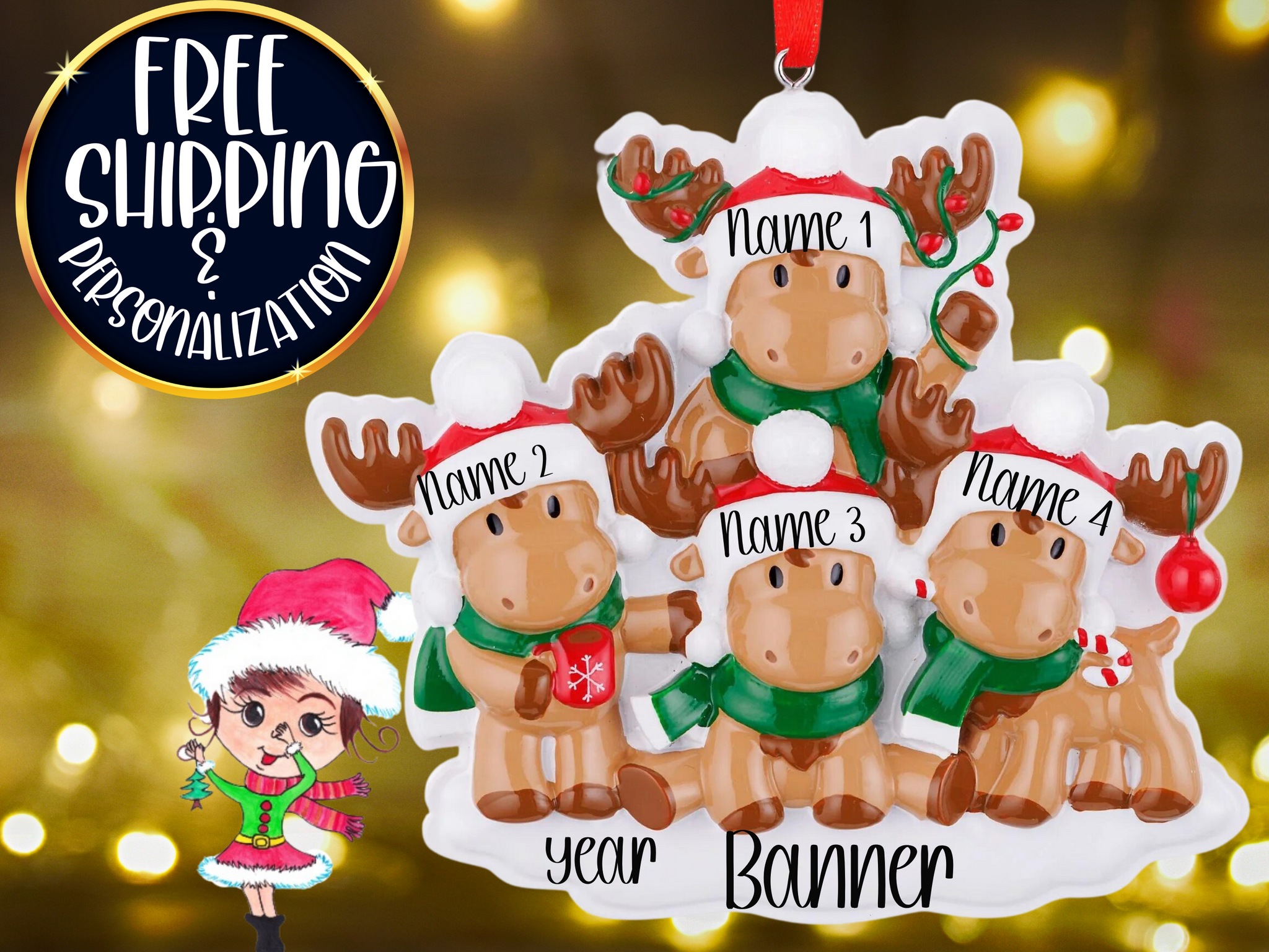 Moose Family of 4 Personalized Ornament