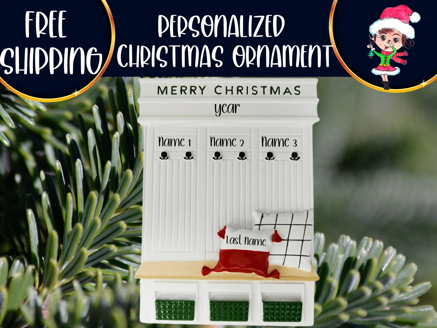 Mudroom Family of 3 Personalized Christmas Ornament