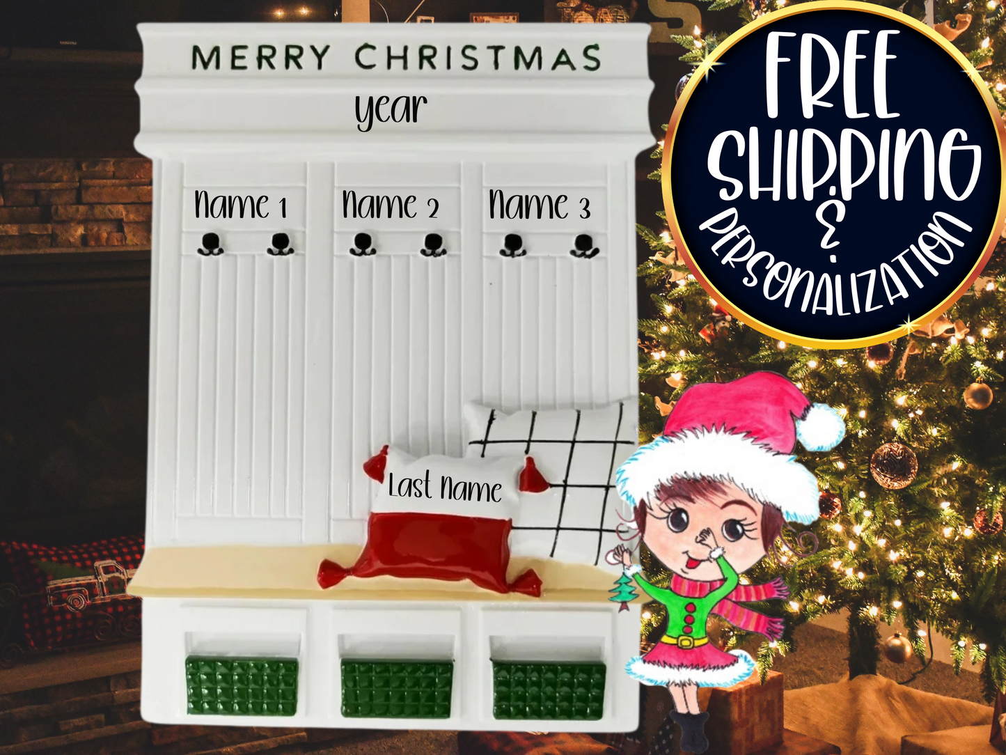 Mudroom Family of 3 Personalized Christmas Ornament