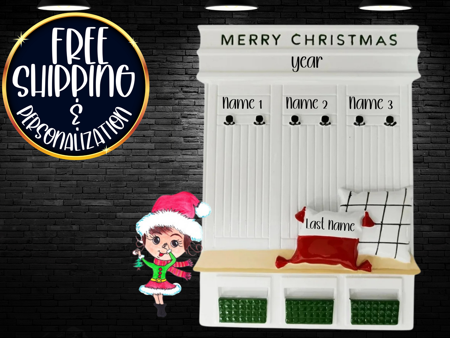 Mudroom Family of 3 Personalized Christmas Ornament