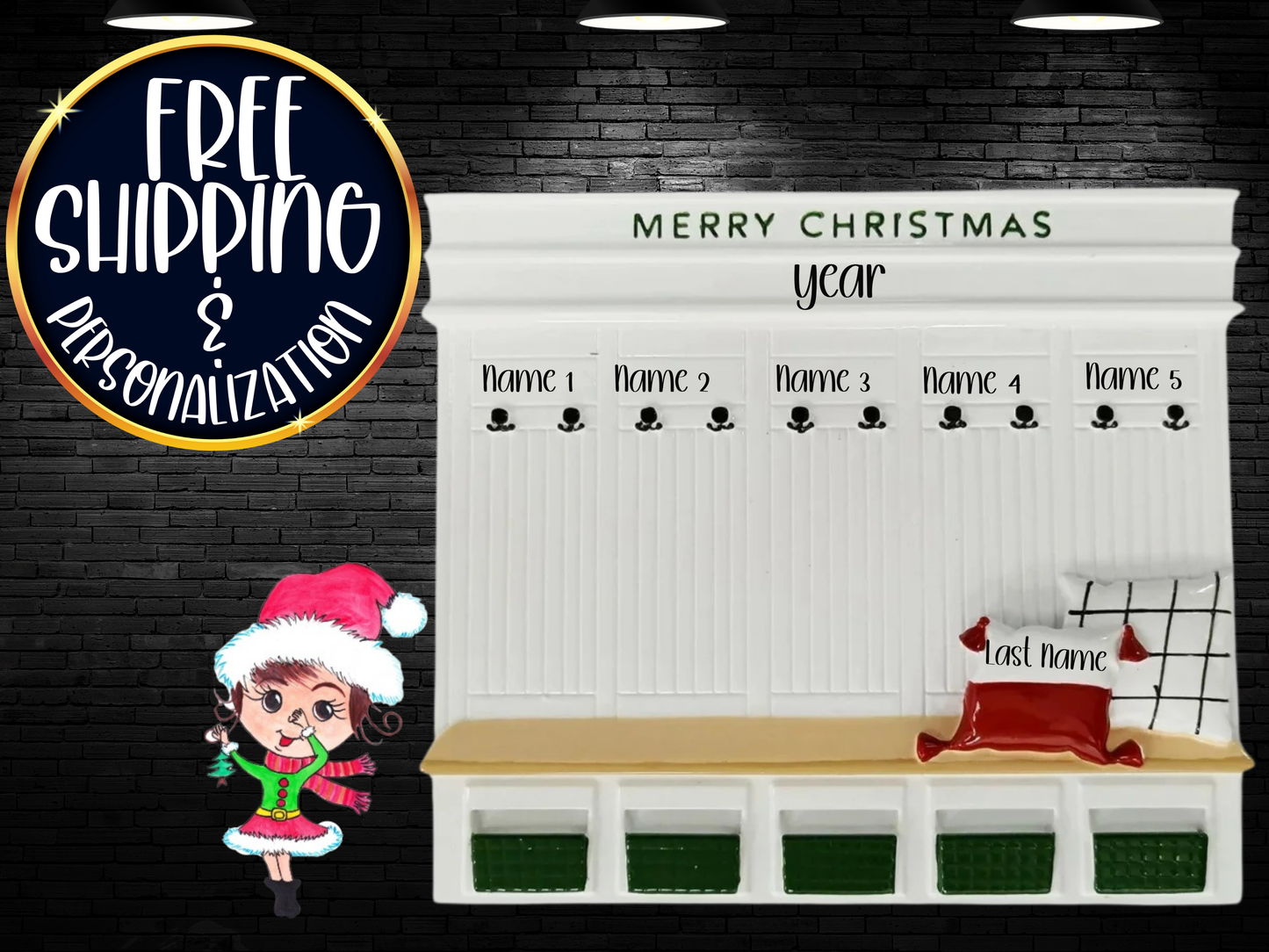 Mudroom Family of 5 Personalized Christmas Ornament