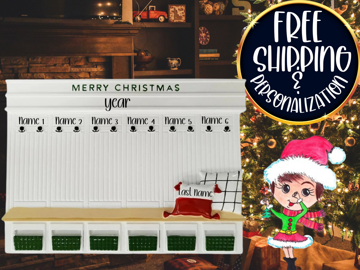 Mudroom Family of 6 Personalized Christmas Ornament