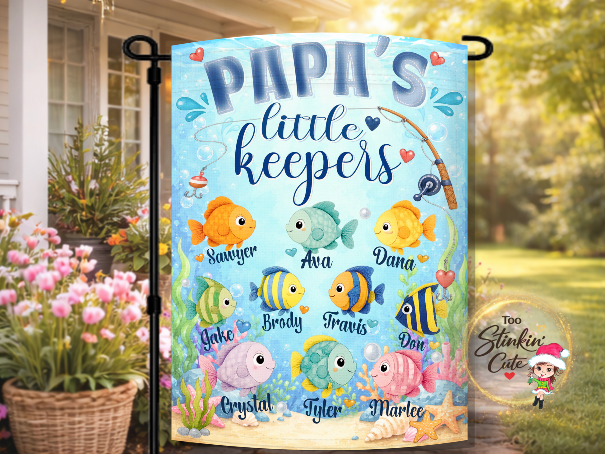Personalized Papa's Little Keepers garden flag with colorful fish and grandchildren names