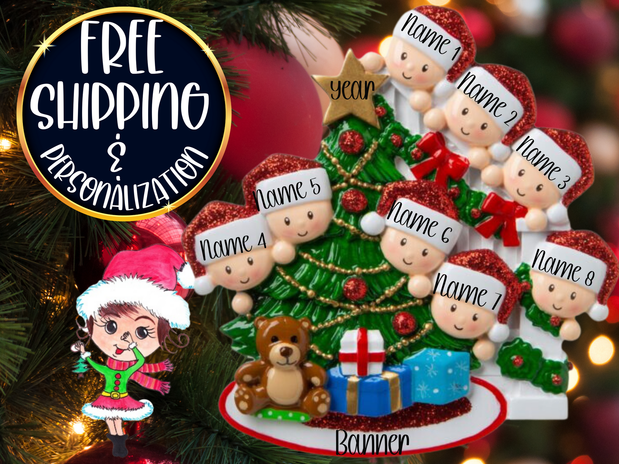 Christmas Ornament Peeking Christmas Tree Family of 8- Personalized + Free Shipping!