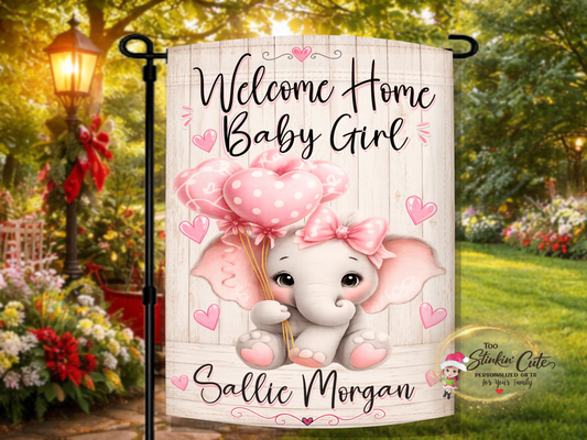 Personalized welcome home baby girl garden flag with elephant and heart balloons
