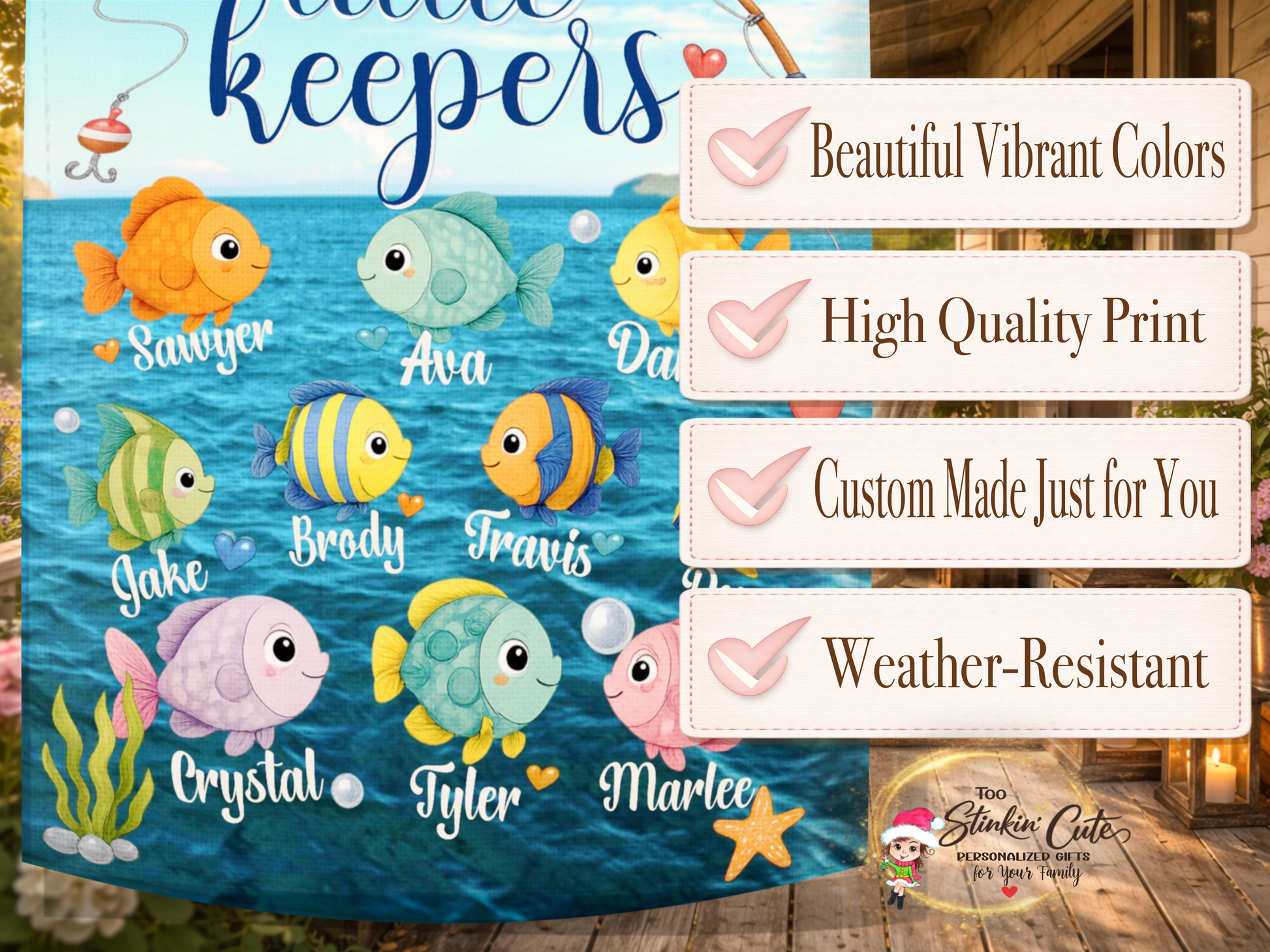 Papa's Little Keepers outdoor flag with ocean and fishing design