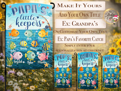 Custom fishing grandpa gift flag featuring colorful fish and names