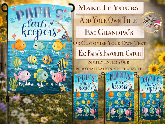 Custom fishing grandpa gift flag featuring colorful fish and names