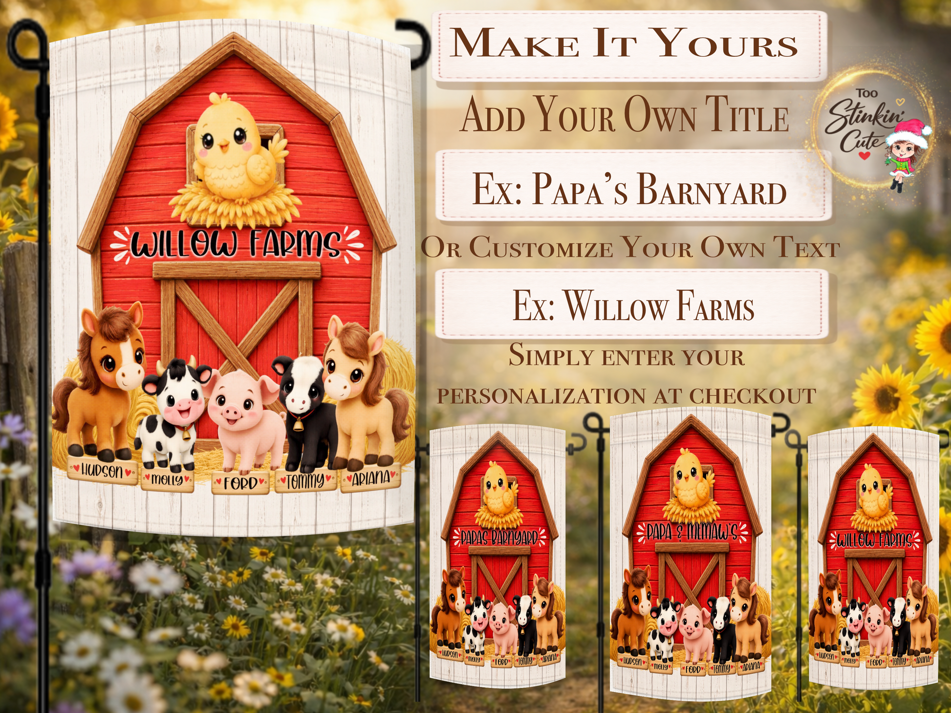 Custom farmhouse garden flag with horse, cows, pig, and chick