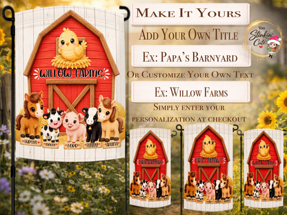 Custom farmhouse garden flag with horse, cows, pig, and chick