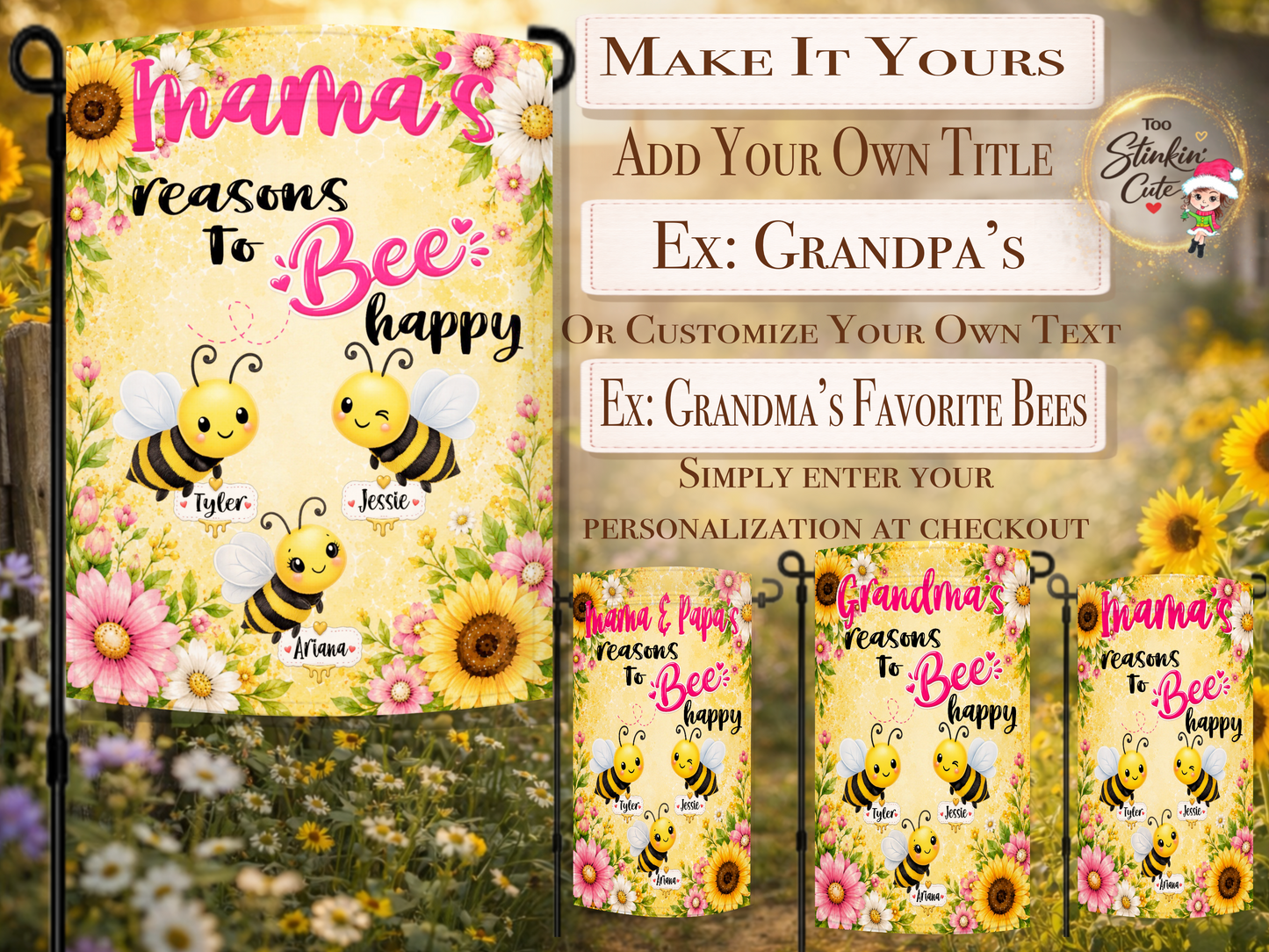 Grandma's Reasons to Bee Happy flag featuring custom grandkids names