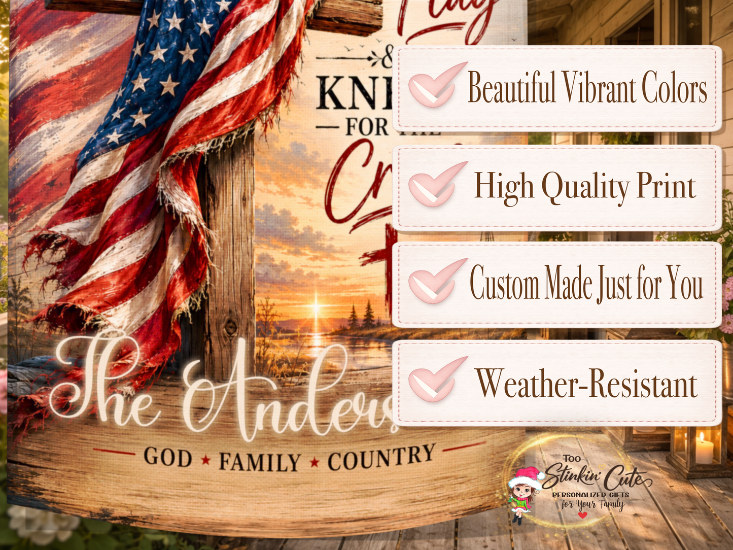 American flag and wooden cross garden flag personalized for family