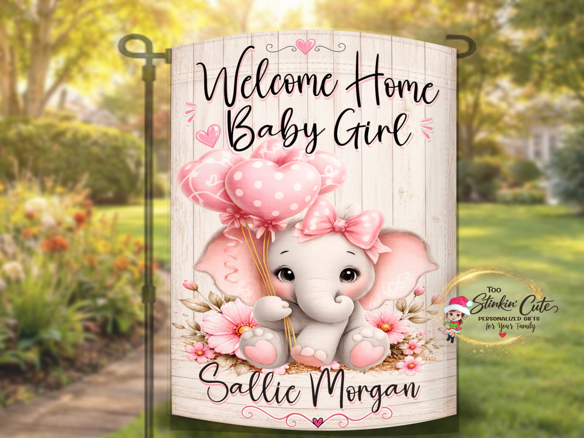 Custom baby shower gift flag featuring adorable pink elephant artwork