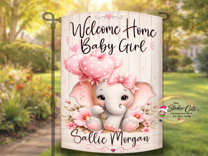 Custom baby shower gift flag featuring adorable pink elephant artwork