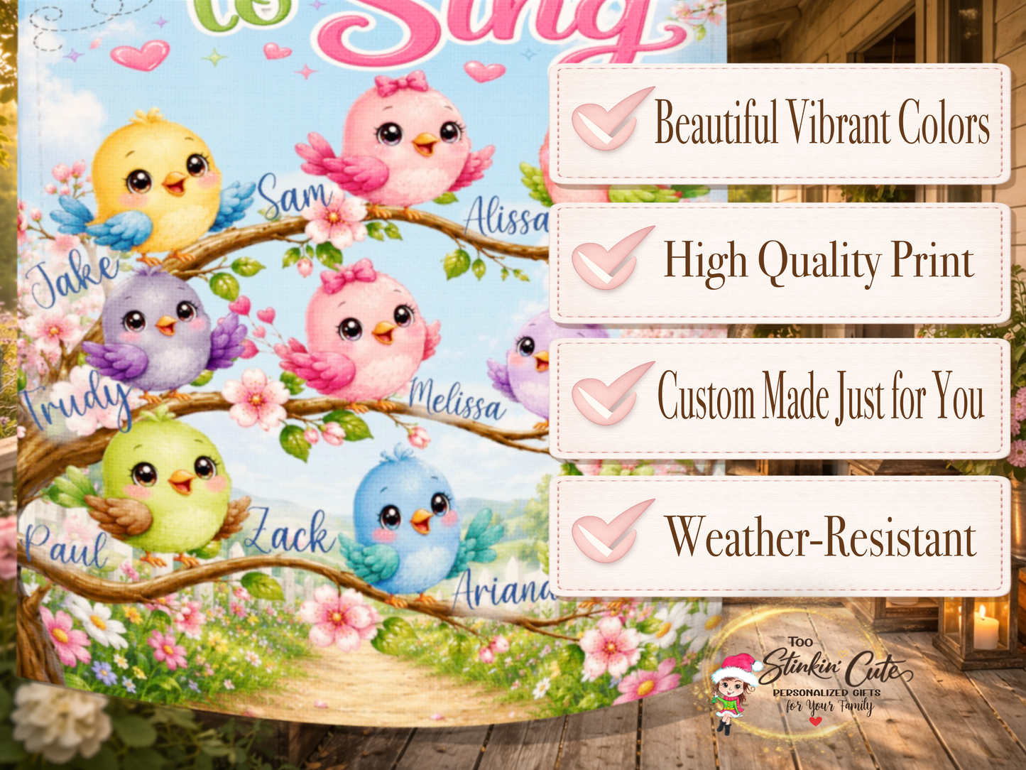 Pastel bird family custom garden flag