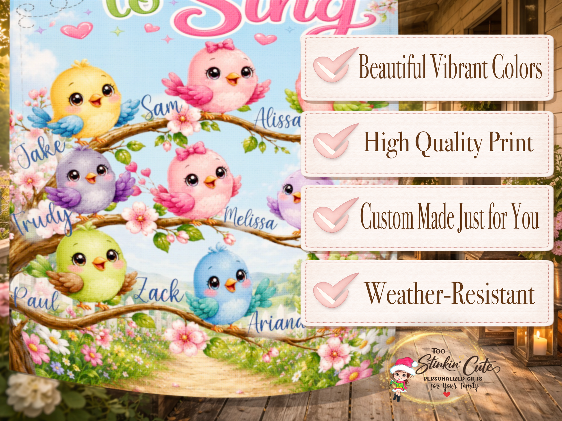 Pastel bird family custom garden flag