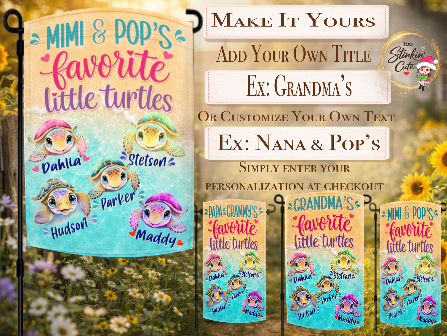 Custom Mimi and Pop turtle garden flag