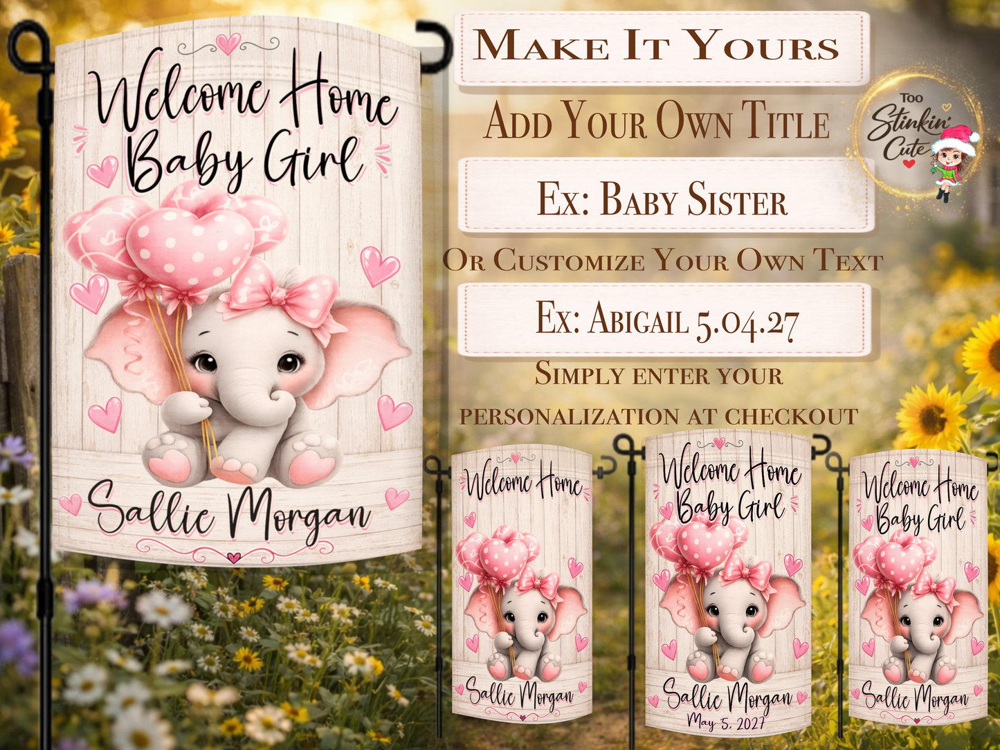 Custom baby girl name flag featuring pink elephant design