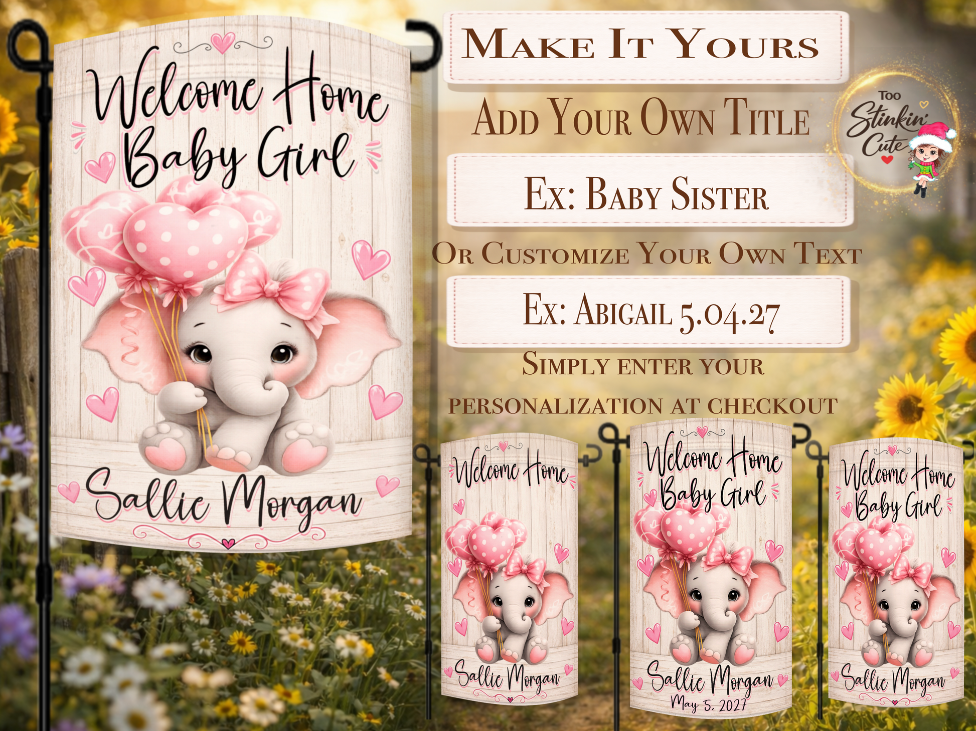 Custom baby girl name flag featuring pink elephant design
