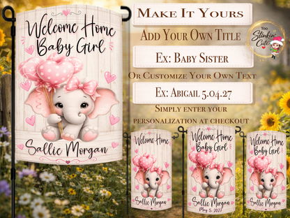 Custom baby girl name flag featuring pink elephant design