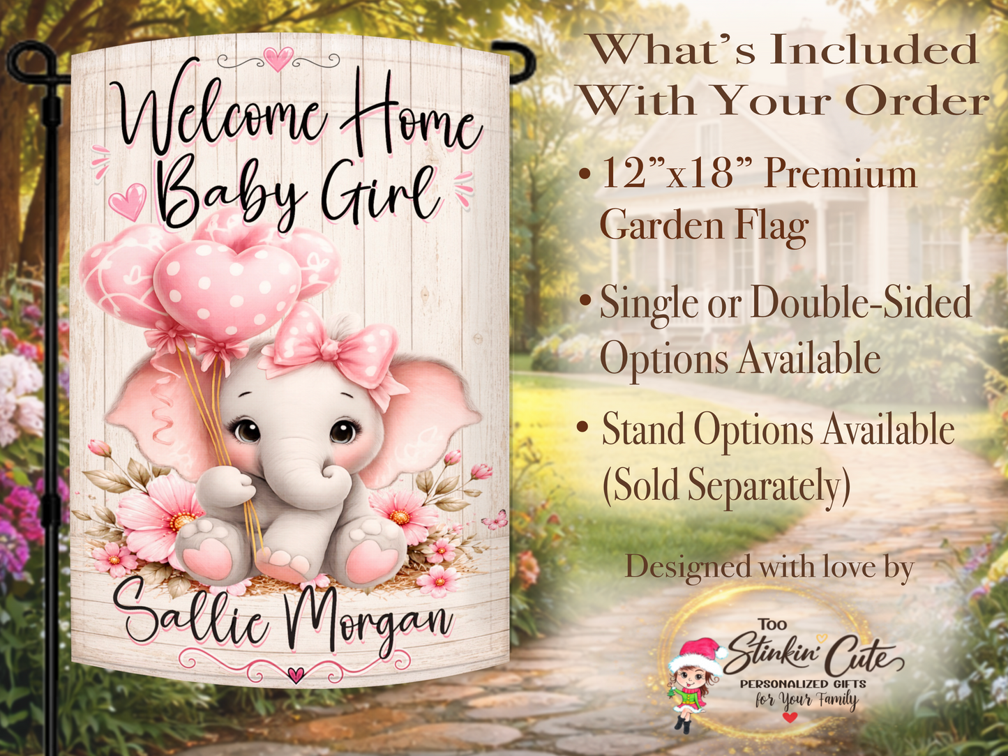 Personalized baby girl garden flag with elephant holding heart balloons