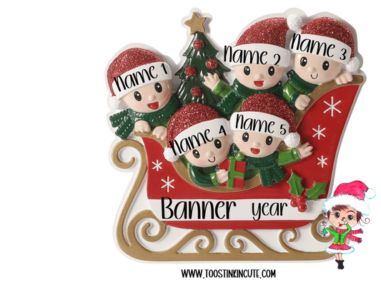 Personalized Sleigh Family of 5 Christmas Ornament