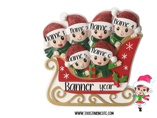 Personalized Sleigh Family of 6 Christmas Ornament