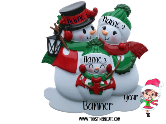 Personalized Classic Snowman Family of 3 Christmas Ornament