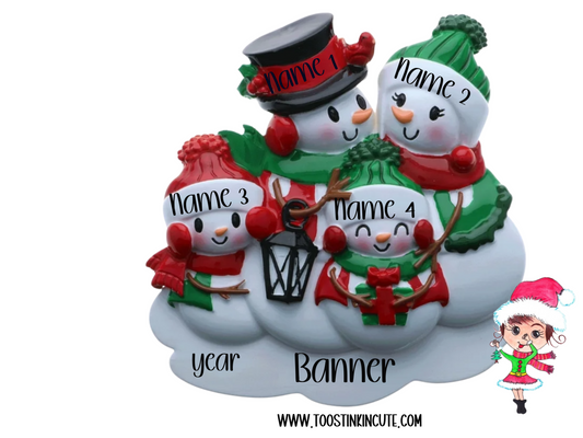 Personalized Classic Snowman Family of 4 Christmas Ornament
