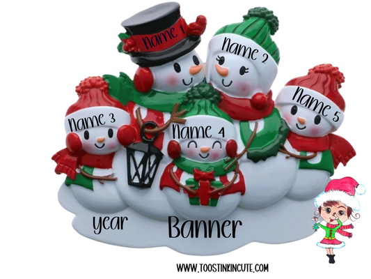Personalized Classic Snowman Family of 5 Christmas Ornament