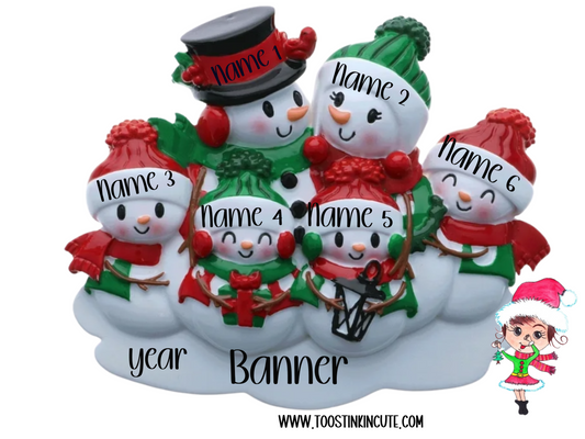 Personalized Classic Snowman Family of 6 Christmas Ornament