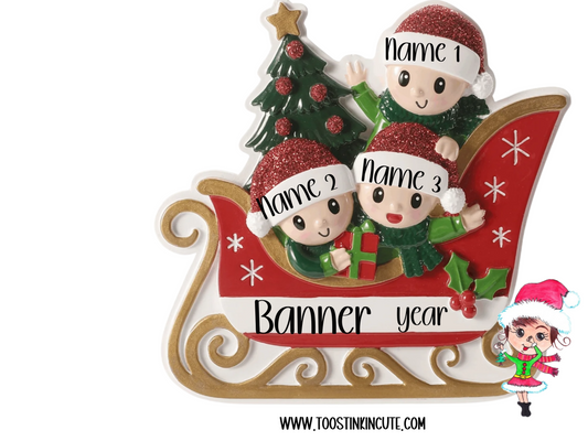 Personalized Sleigh Family of 3 Christmas Ornament