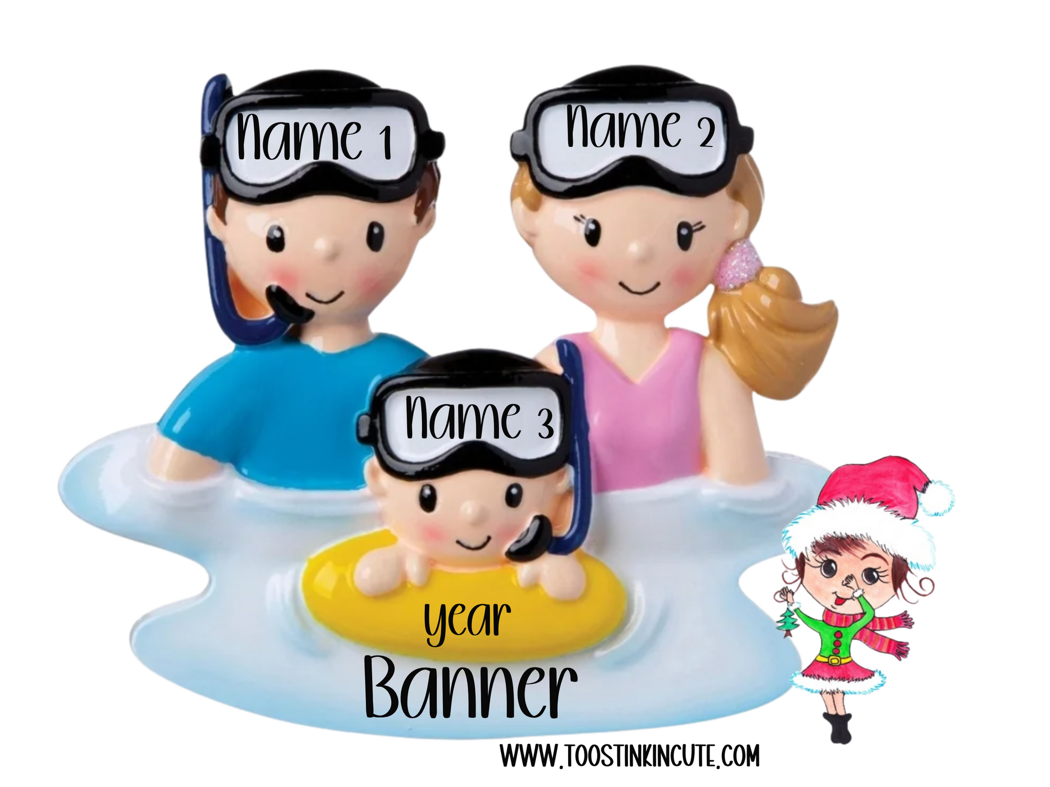 Personalized Snorkel Family of 3 Christmas Ornament