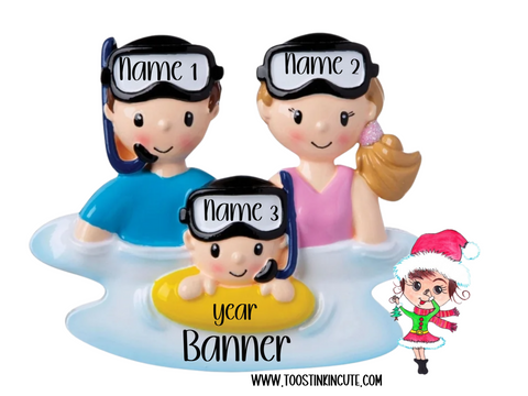 Personalized Snorkel Family of 3 Christmas Ornament