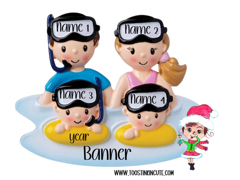 Personalized Snorkel Family of 4 Christmas Ornament