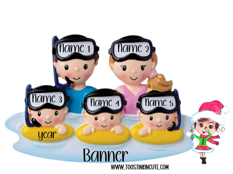 Personalized Snorkel Family of 5 Christmas Ornament
