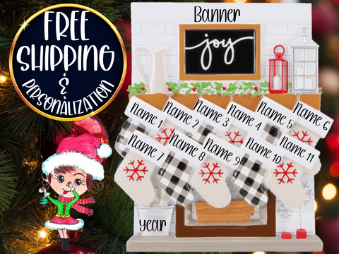 Fireplace Mantel Stocking Family of 11 Ornament