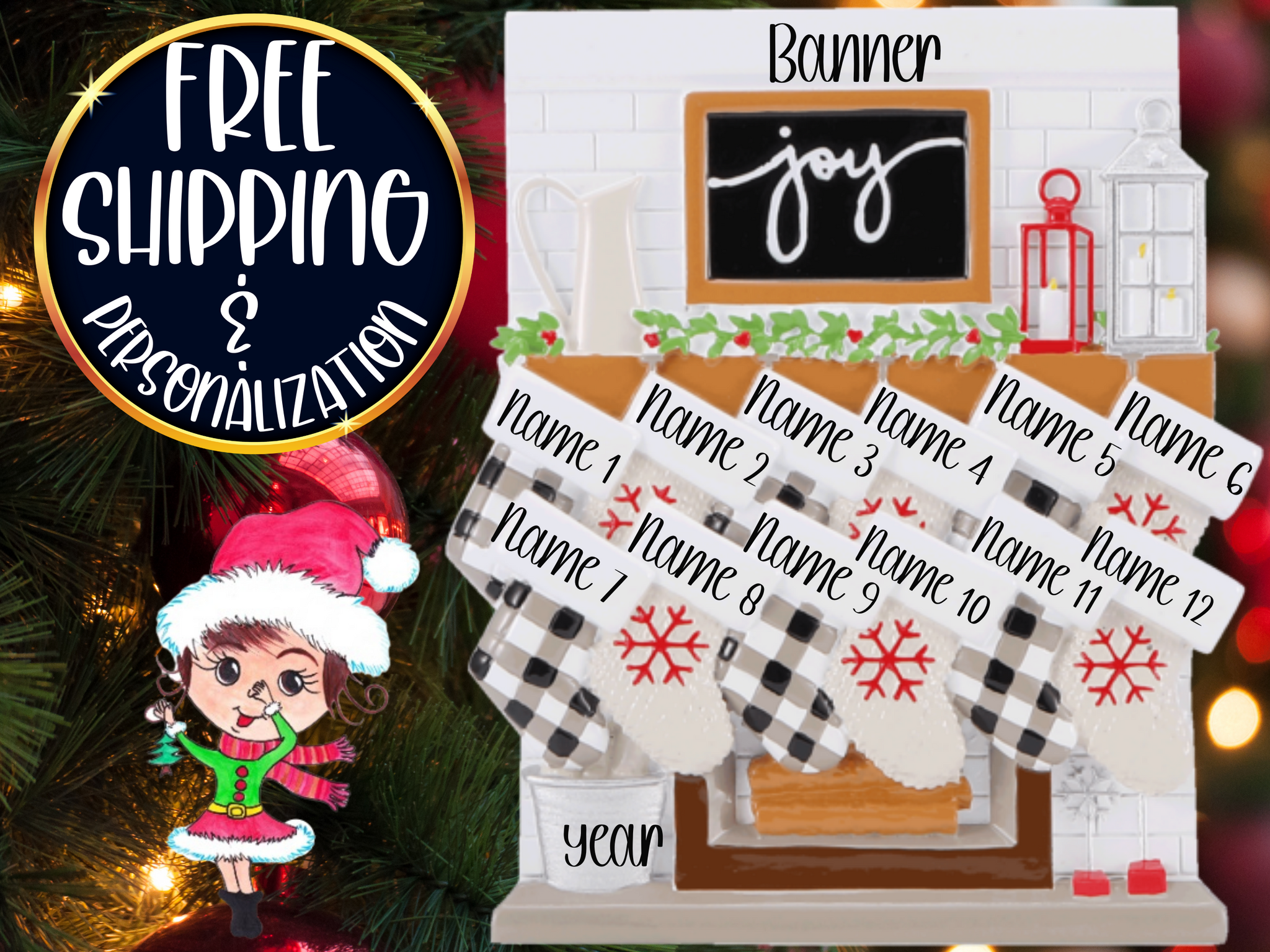 Fireplace Mantel Stocking Family of 12 Ornament