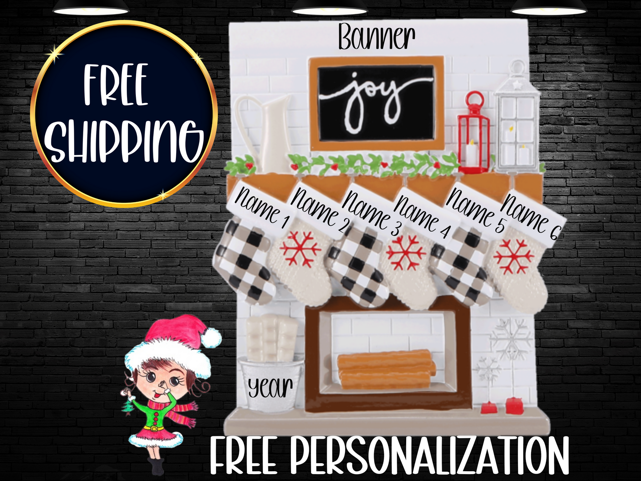 Fireplace Mantel Stocking Family of 6 Ornament