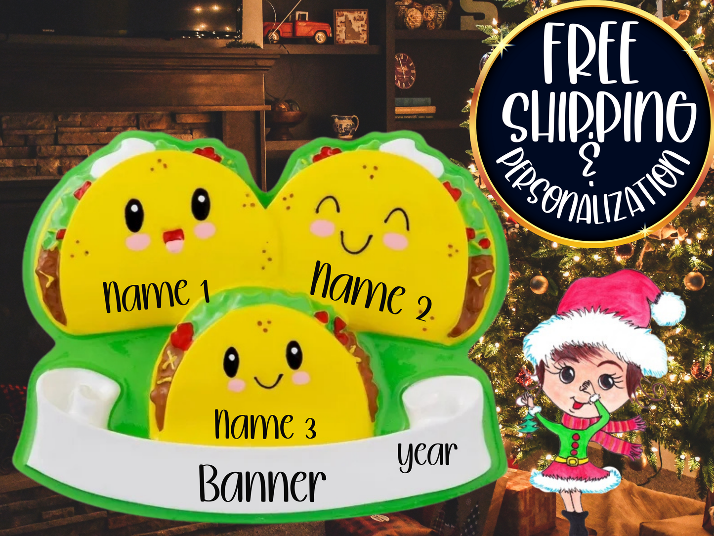 Taco Family of 3 Personalized Christmas Ornament