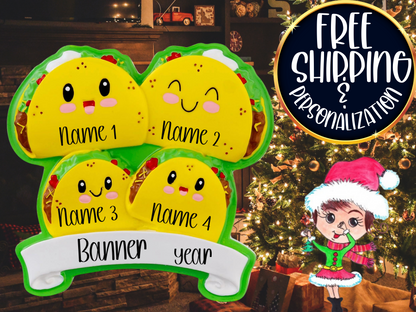 Taco family of four ornament with sample names and banner lettering shown in a Christmas room display.
