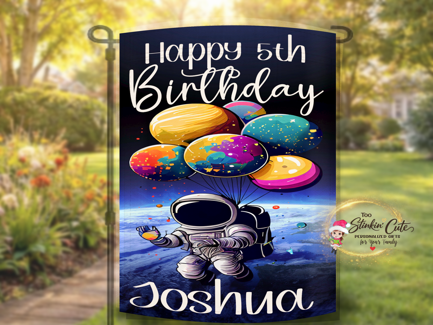 Custom kids birthday yard flag featuring astronaut with galaxy balloons