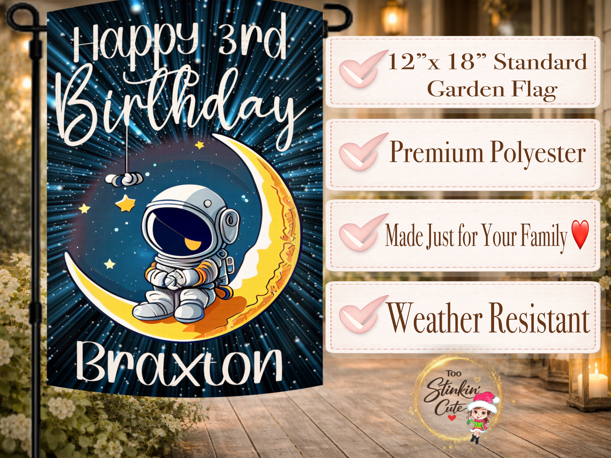 Space themed birthday porch flag with custom name