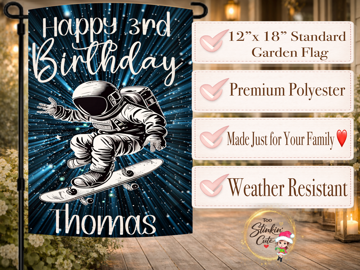 Space themed birthday garden flag personalized with name and age for outdoor party décor